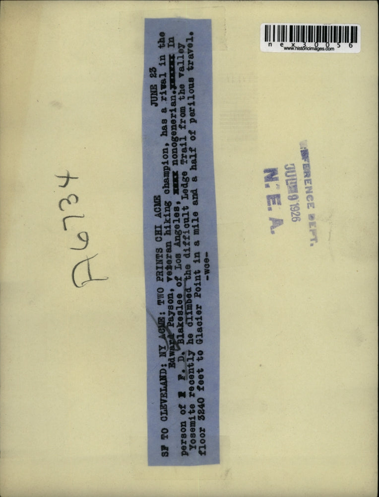 Load image into Gallery viewer, 1926 Press Photo F.D. Blakeslee climbed Valley Floor to Glacier Point
