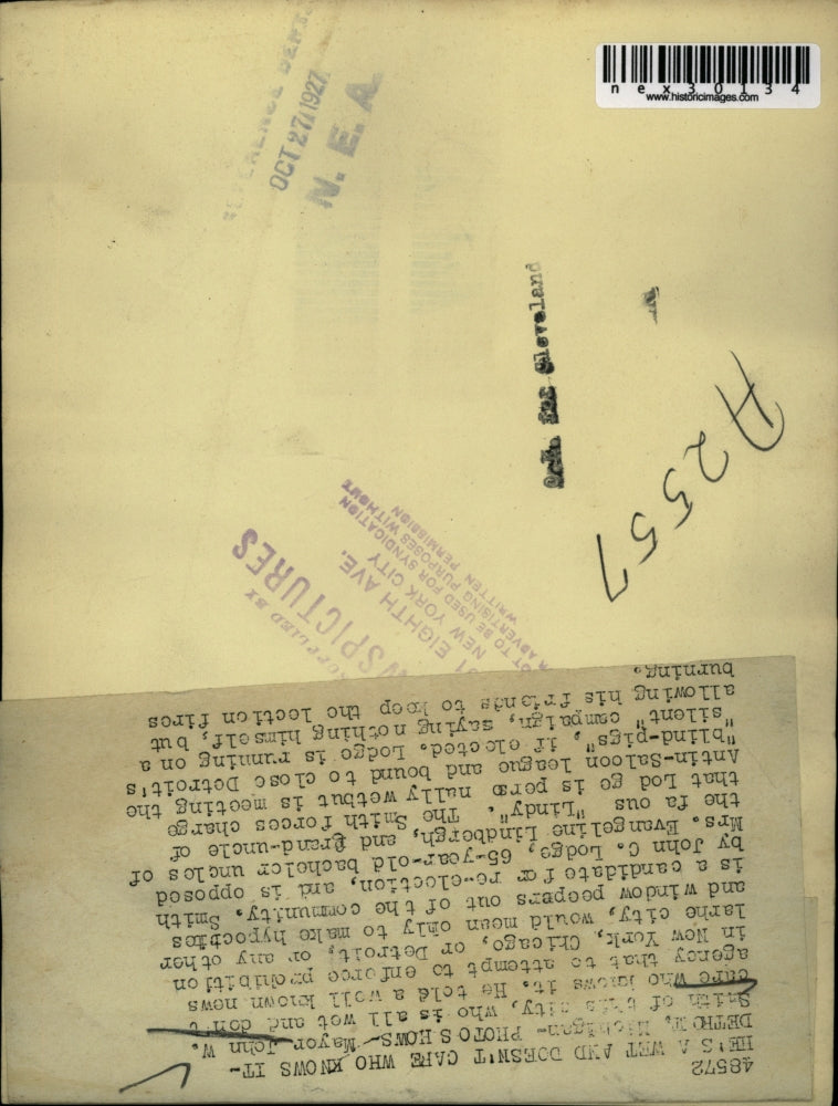 1927 Press Photo Mayor John W. Smith of Detroit, Michigan