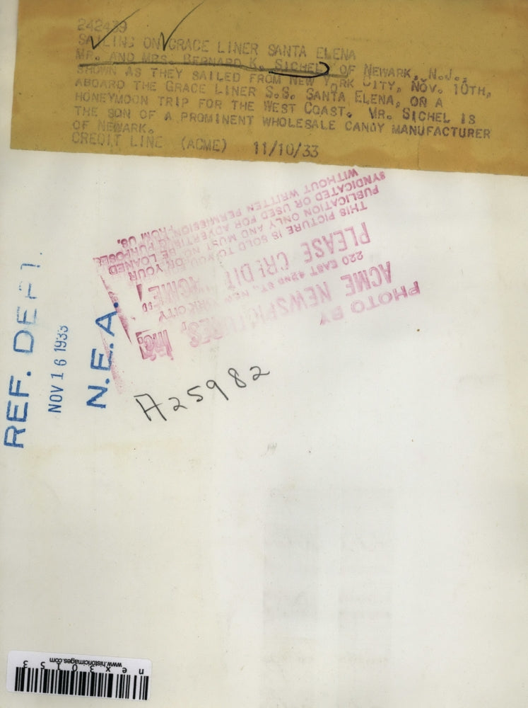 1933 Press Photo Mr and Mrs Bernard K Sichel aboard Grace Liner SS Santa Elena