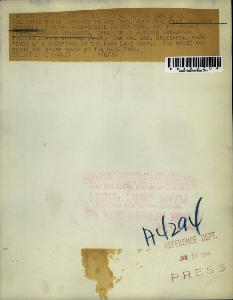 1934 Press Photo Pier Pascuale Spinelli Marries Franca Adriana Grossardi