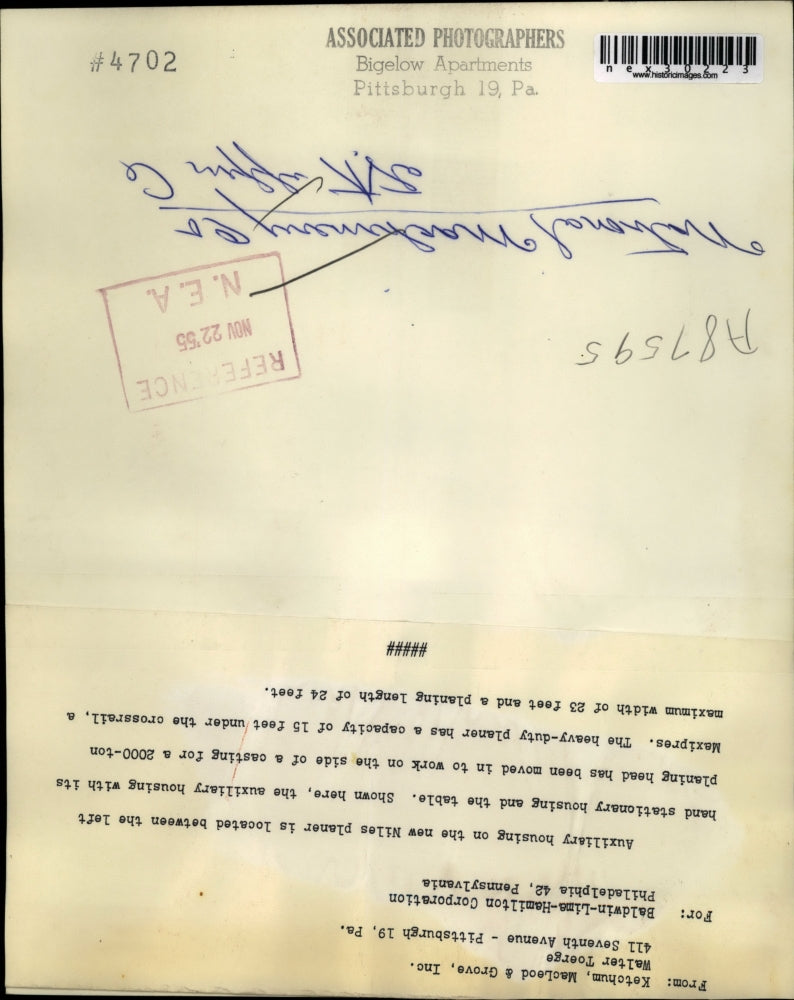 1955 Press Photo Auxiliary housing on the new Niles planer is located between