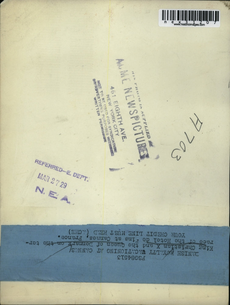 1929 Press Photo King Christian and Queen of Denmark at Hotel de Pins at Cannes