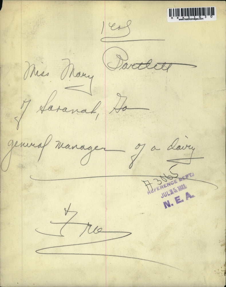 1921 Press Photo Dairy general manager Miss Mary Baretlette