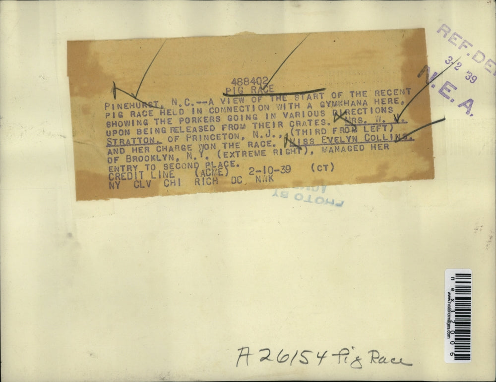 1939 Press Photo Pinehurst NC Mrs W Stratton wins gymkhanan pig race