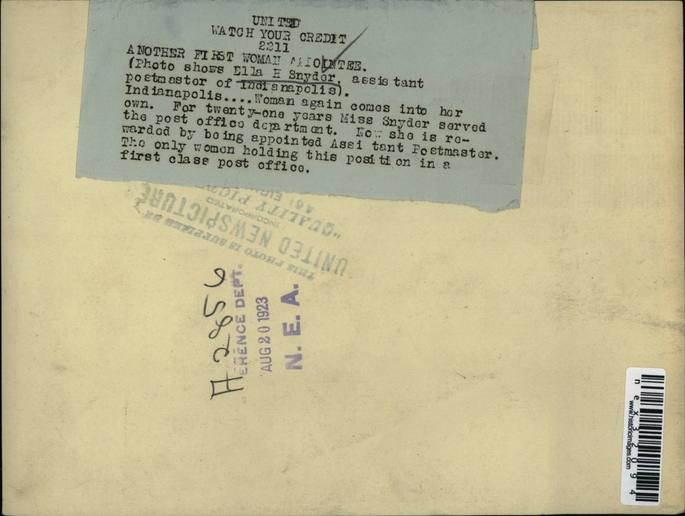 1923 Press Photo Ella Snyder, Assistant Postmaster of Indianapolis