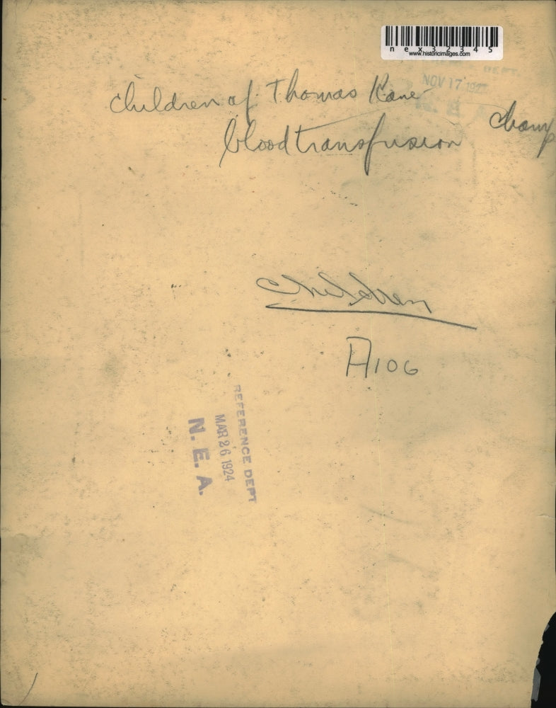 1924 Press Photo Children of Thomas Kane, Blood Transfusion Donation Champion