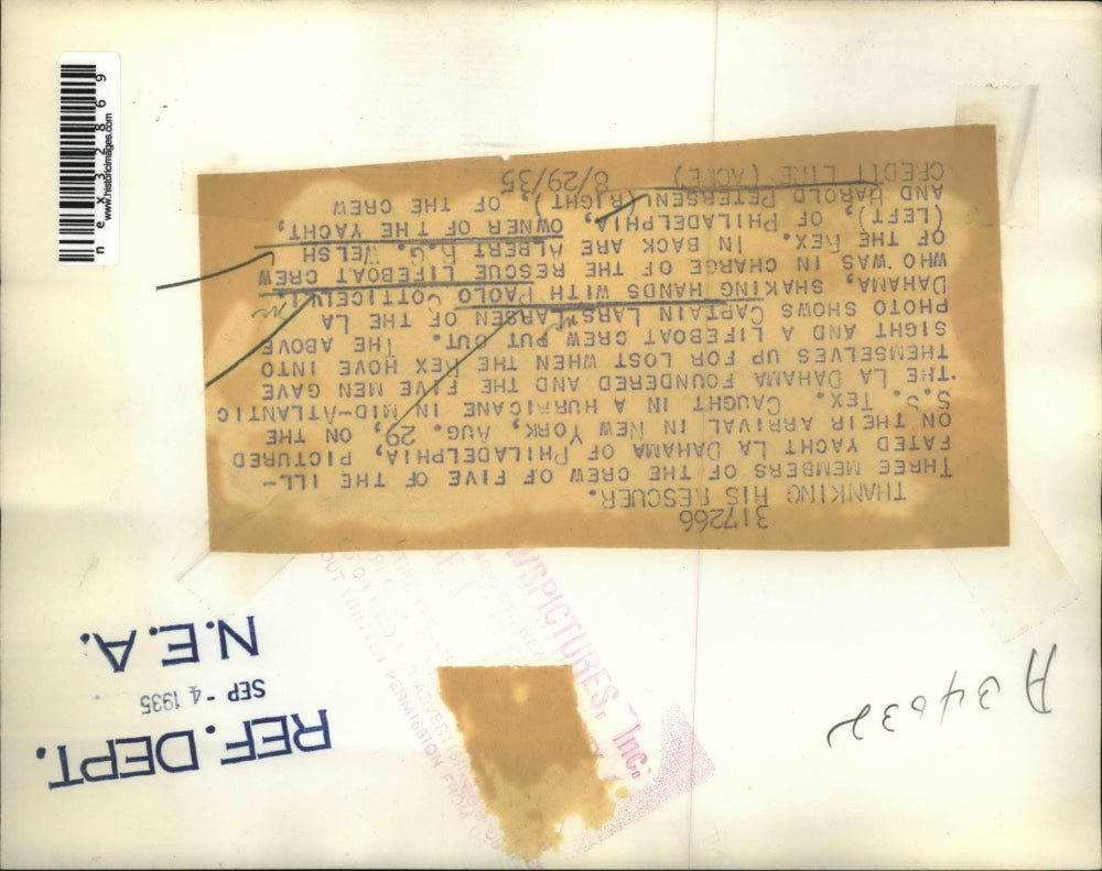 1935 Press Photo Yacht La Dahama crew Capt Larsen, P Cotticelui, A Welsh,