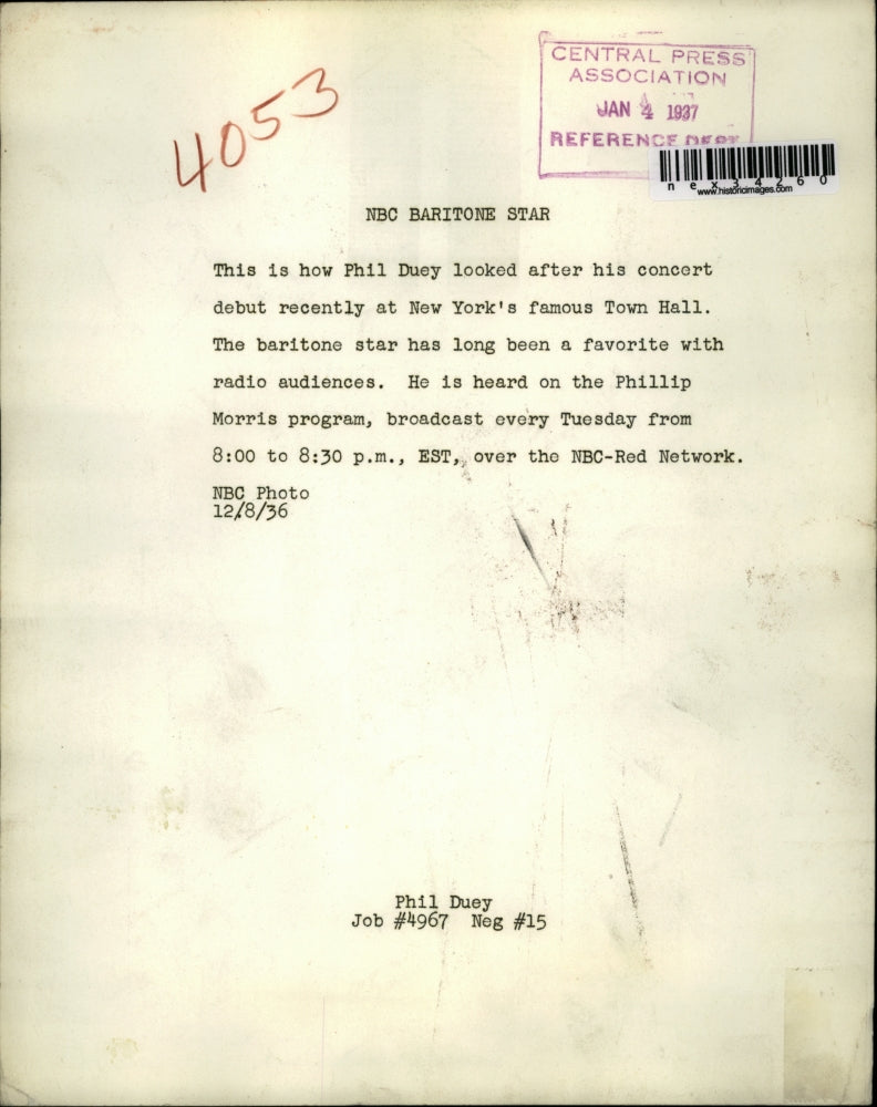 1937 Press Photo Phil Duey Baritone Star