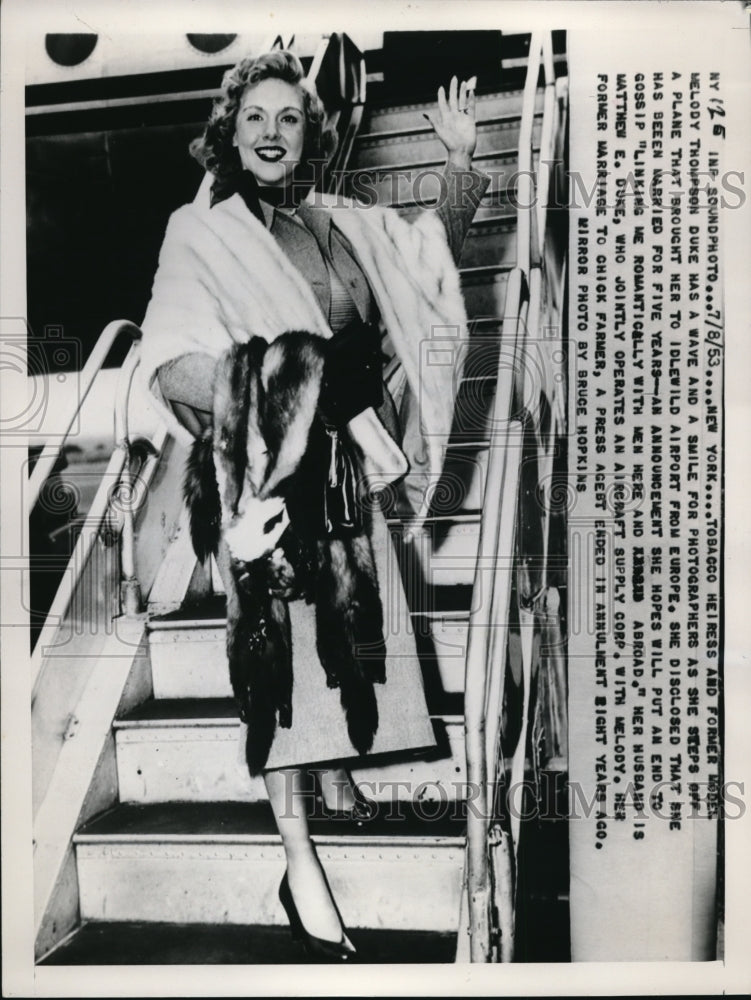 1953 Press Photo Tobacco Heiress and Former Model Melody Thompson Duke