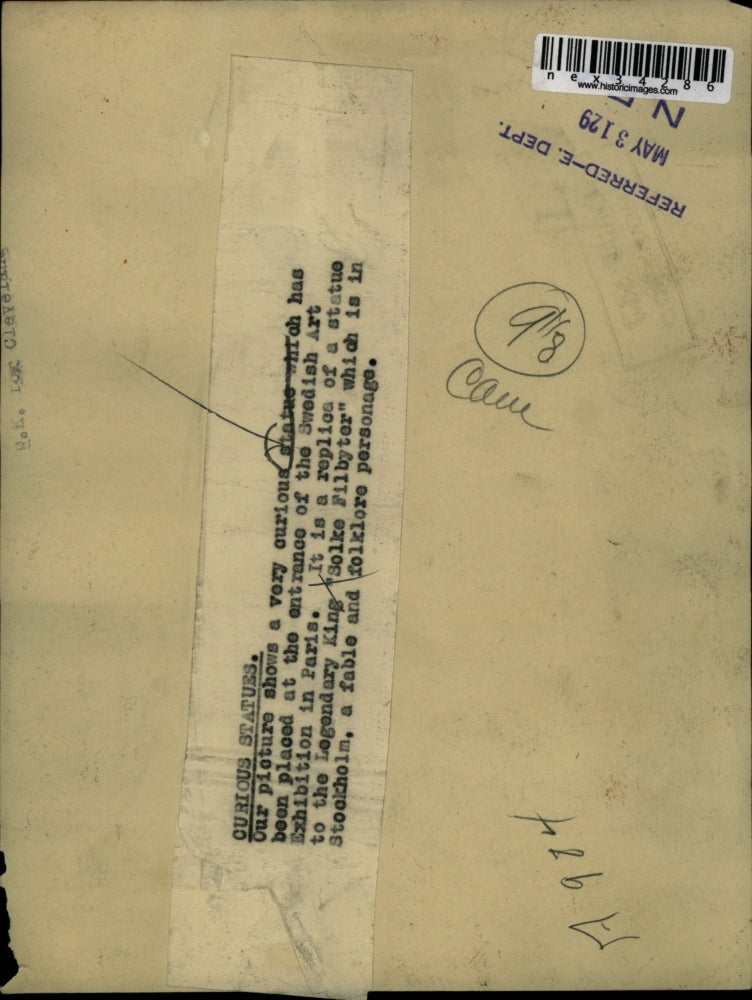 1929 Press Photo Replica of the statue of King Solke Filbyter