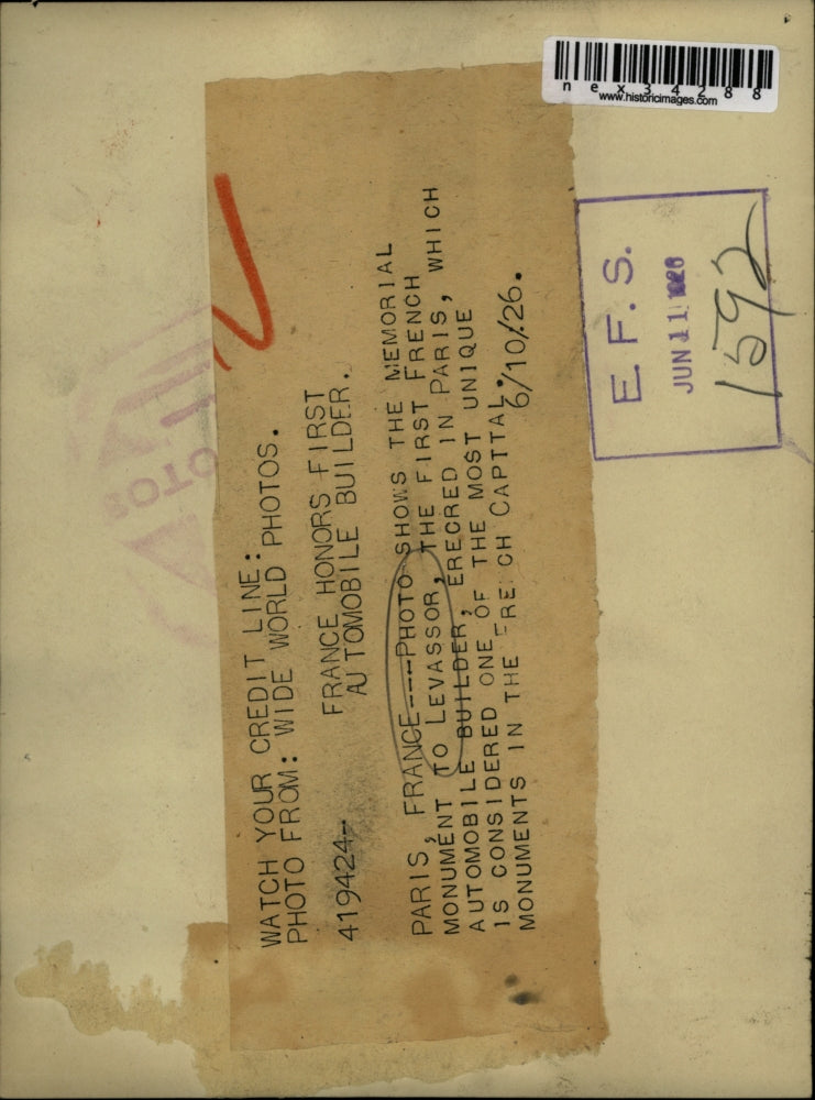 1926 Press Photo Paris France Memorial monument t Levassor auto builder