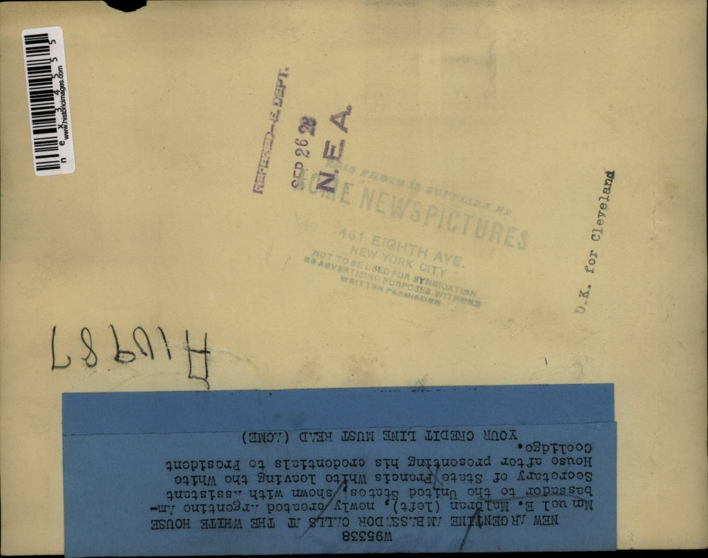 1928 Press Photo Manuel E. Malbran with Assistant Secretary of State Francis