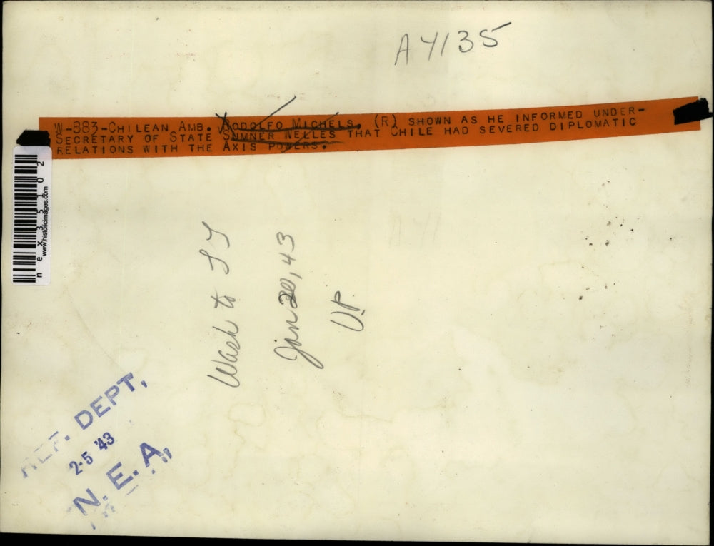 1943 Press Photo Amb. Rodolfo Michels (R) and Usec. Sumner Welles