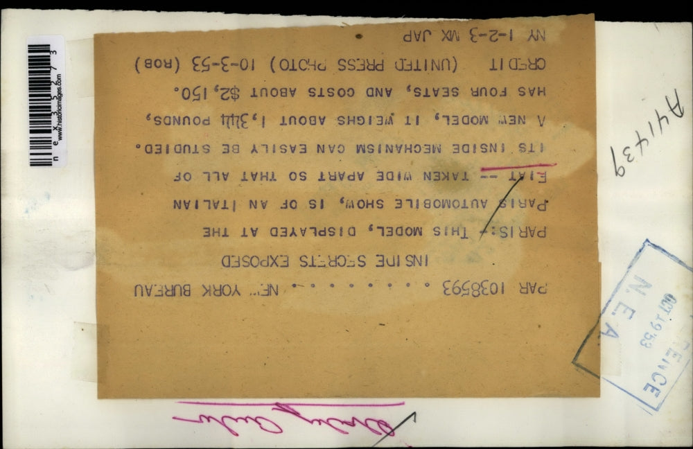 1953 Press Photo Paris France a Italian Fiat taken apart at auto show