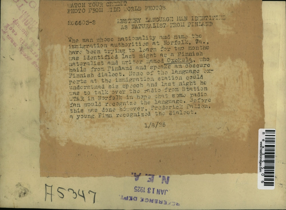 1925 Press Photo Finland, Mr Oxekula to US nationality