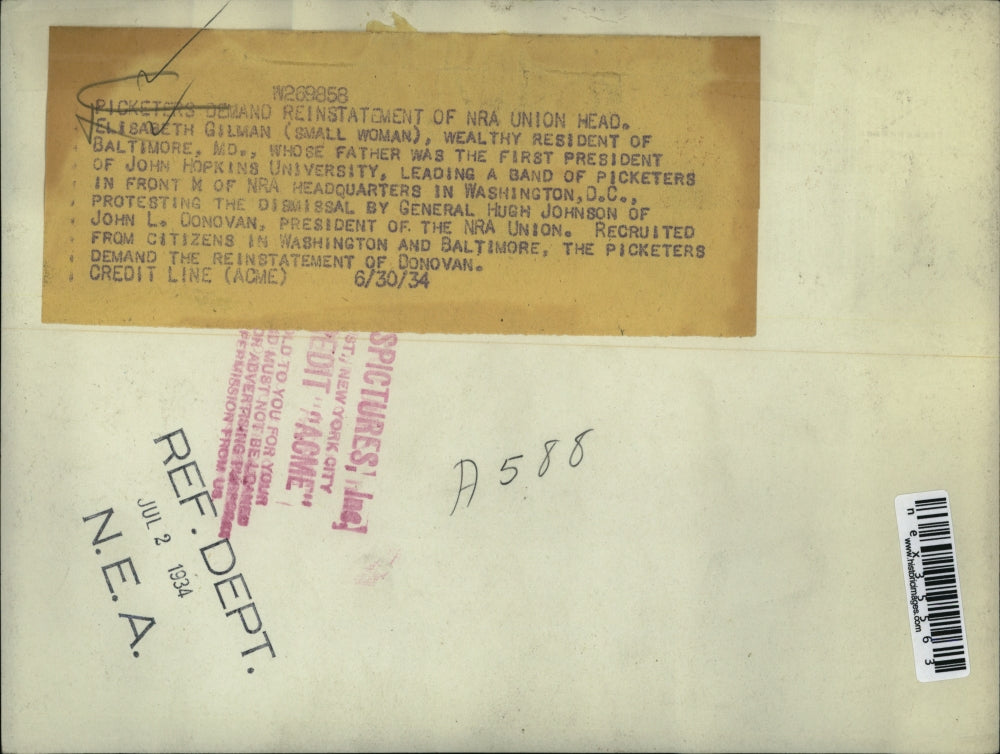 1934 Press Photo Picketers demand reinstatement NRA Union Head Elizabeth Gilman