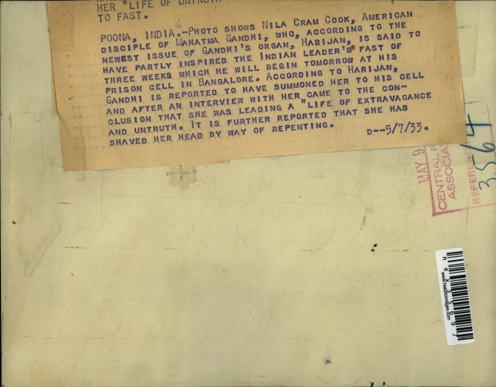 1933 Press Photo Nila Cram Cook, partial inspiration for Ghandi's fast.