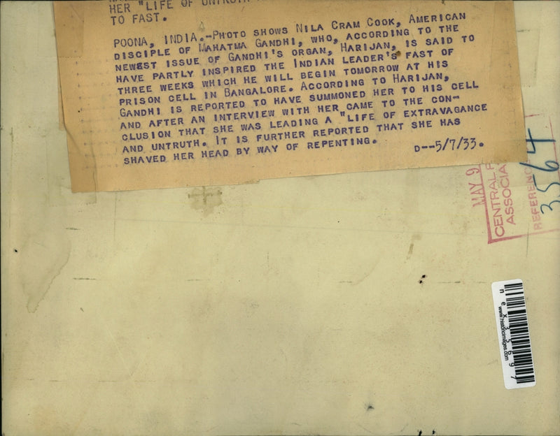 Load image into Gallery viewer, 1933 Press Photo Nila Cram Cook, partial inspiration for Ghandi's fast.
