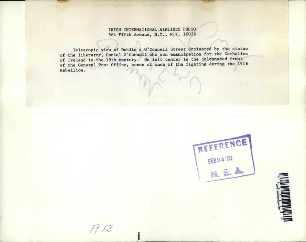 1970 Press Photo Dublin's O'Connell Street statue 1916 rebellion