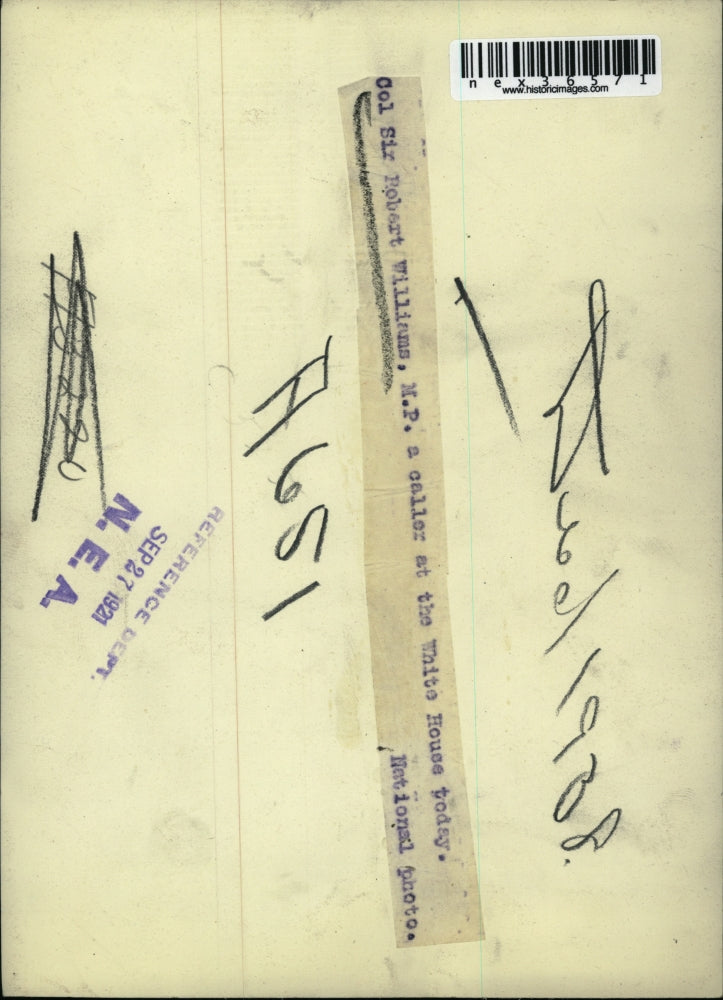 1921 Press Photo Colonel Sir Robert Williams, M.P. a caller at the White House