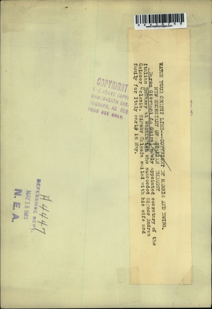 1923 Press Photo Baron Giovanni de Guira Italian Embassy in DC