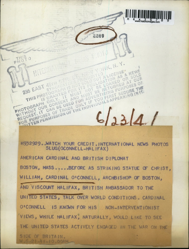 1941 Press Photo Wiiliam Cardinal O'Connell & Viscount Halifax By Christ Statute