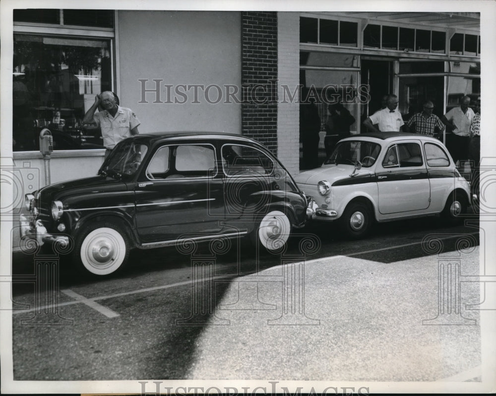 1959 Press Photo Double Parking, Two Foreign Cars Squeezed Inot One Parking Spot