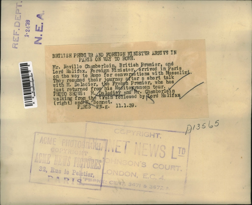 1939 Press Photo Neville Chamberlain British Premier, Lord halifax arrive Paris