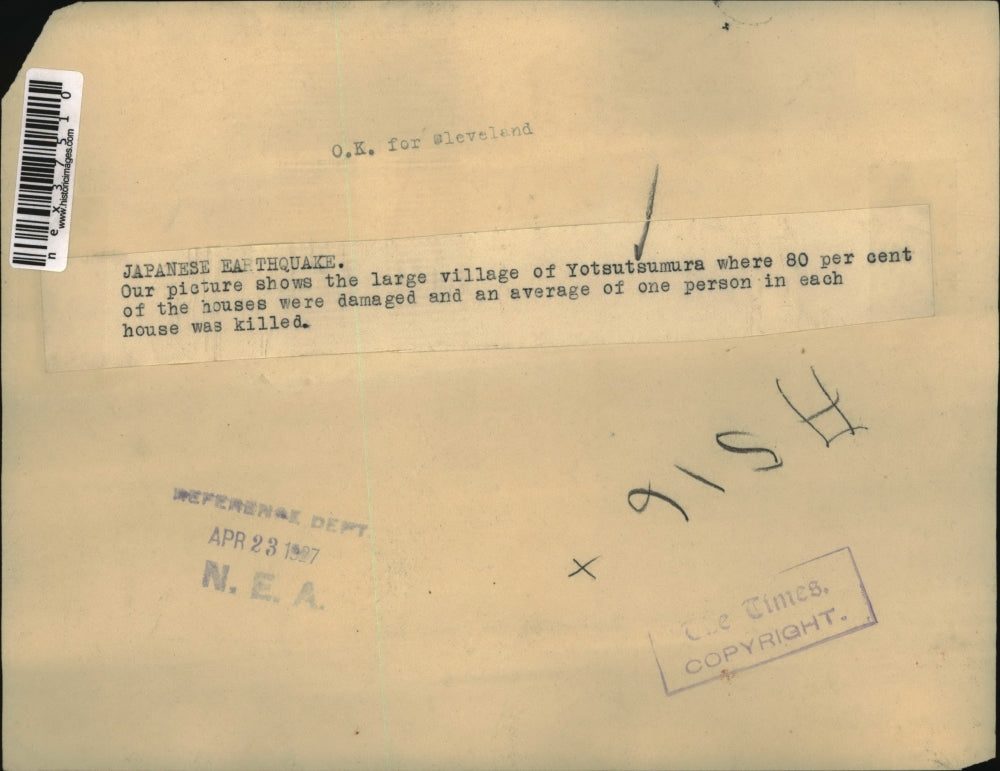 1927 Press Photo Japanese Earthquake - nex37510