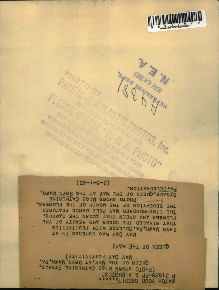 1923 Press Photo Ms. Catherine Straus, Queen of the May at the Bryn Mawr, P.A.