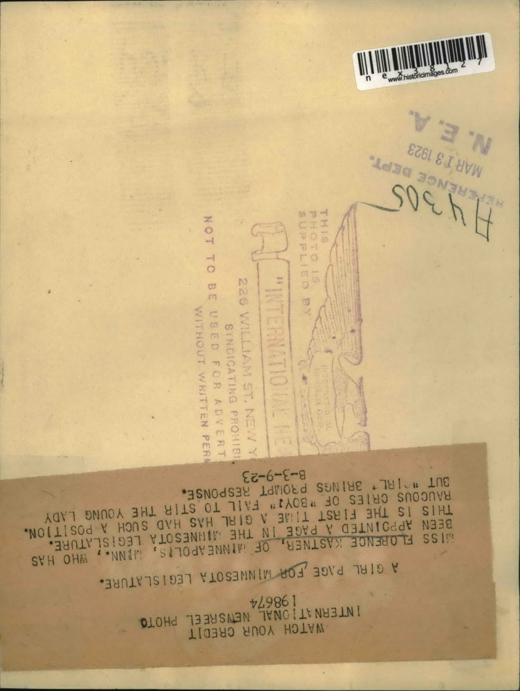 1923 Press Photo Miss Florence Kastner Minneapolis Mn page in legislature