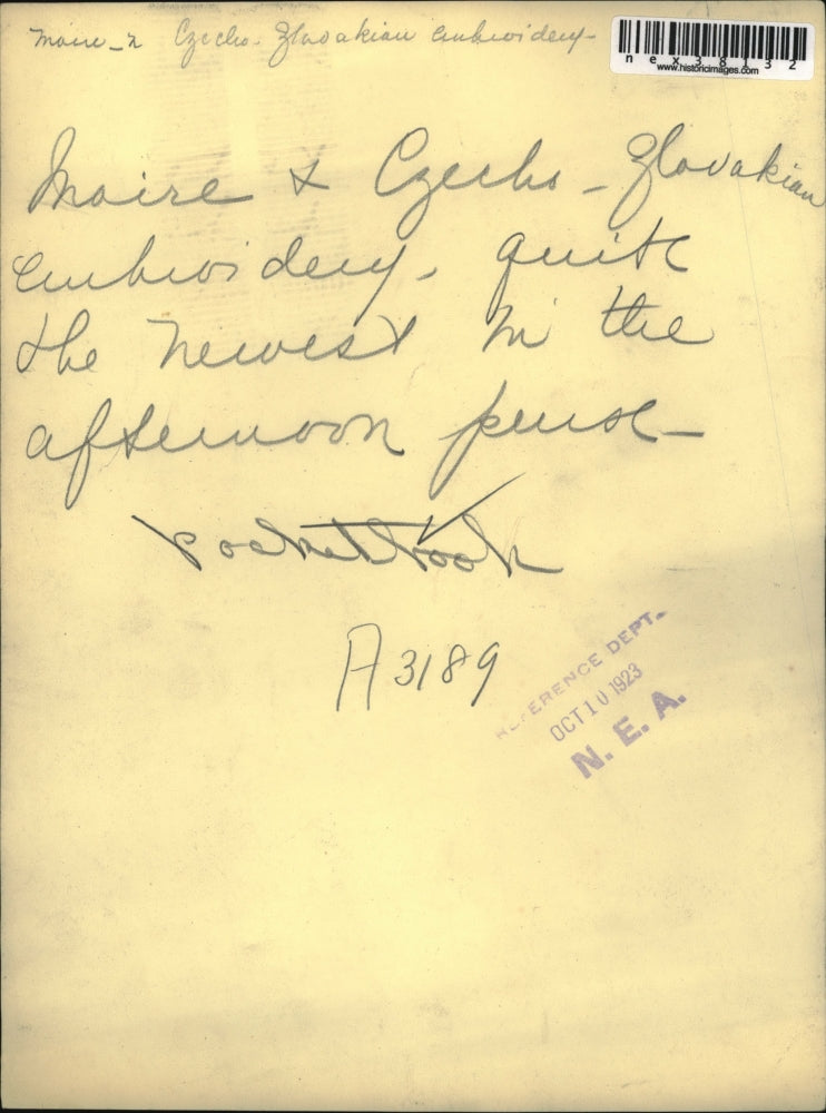 1923 Press Photo Marie & Czecho embroidered dress for afternoon wear