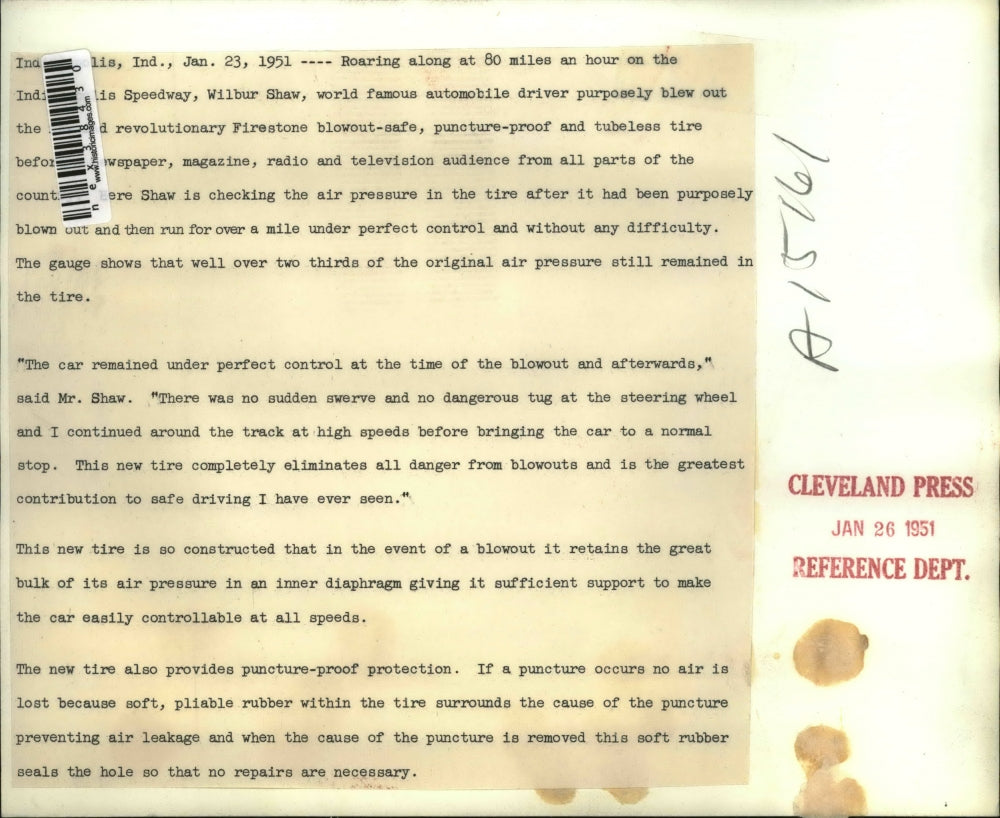 1951 Press Photo Indianapolis Ind Wilbur Shaw & new Firestone blowout safe tires