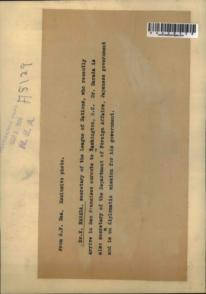 1924 Press Photo Dr. K. Harada, secretary of the League of Nations