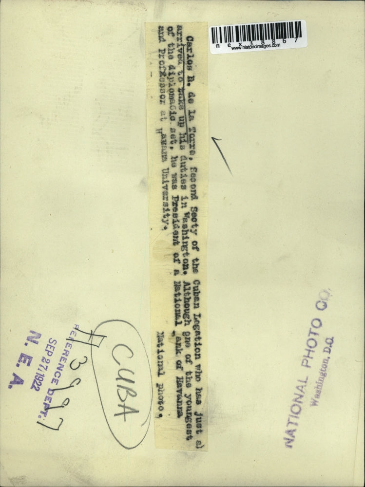 1922 Press Photo Carlos de la Torre, Second sec of Cuban Legation in Washington