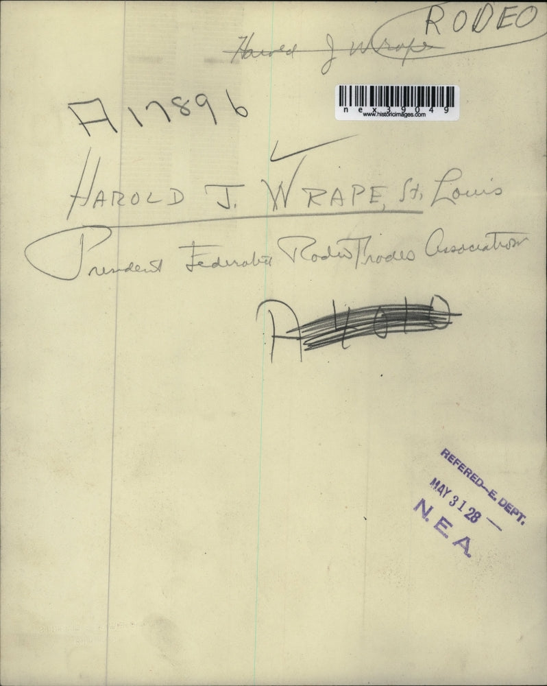 1928 Press Photo Harold J. Wrape, St. Louis, Pres Federation Rodeo Thodes Assn