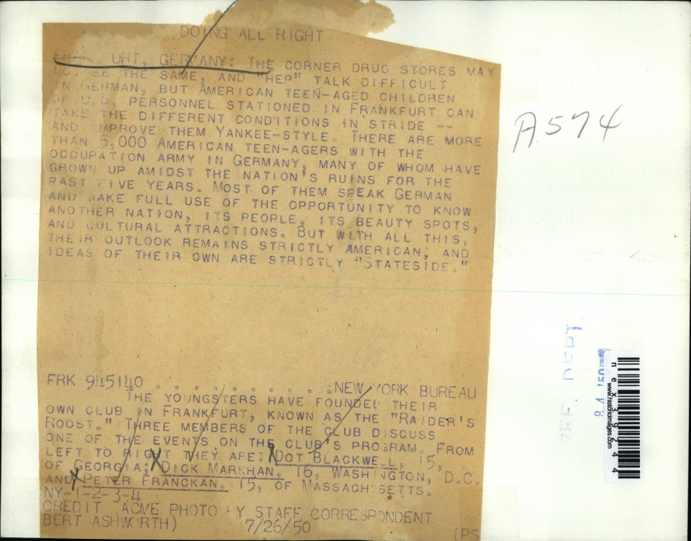 1950 Press Photo Dot Blackwell, Dick Markhan, Pete Franckan, Franbkfurt Germany