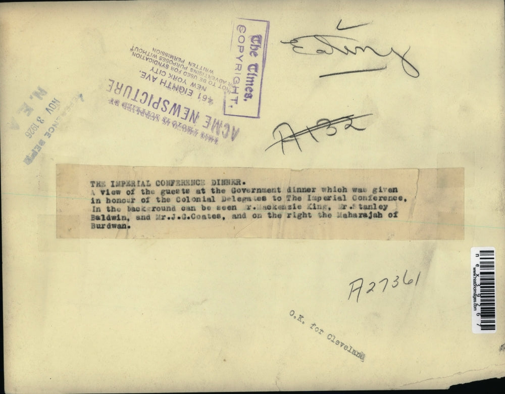 1926 Press Photo Government Dinner, Imperial Conference, Mr. JG Coates