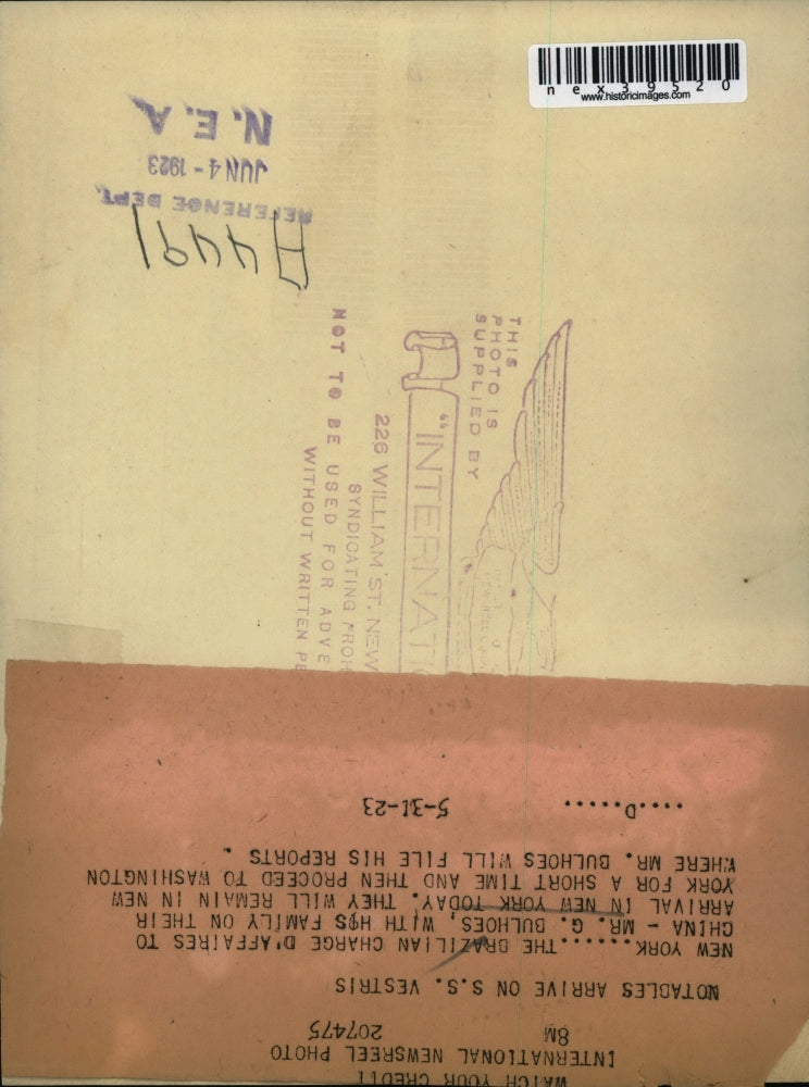 1923 Press Photo Mr.G.Bulhoes Brazilliam charge D'Affairs to China at SS Vetris