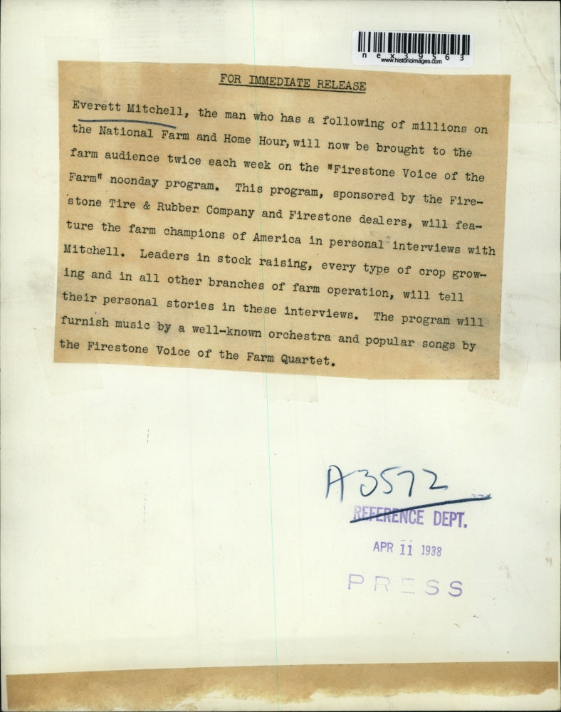 1938 Press Photo Everett Mitchell on Firestone Voice of the Farm Radio Program