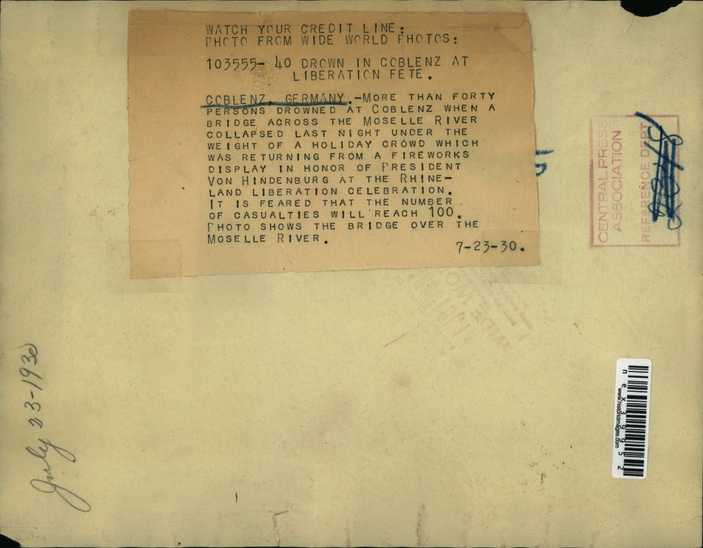 1930 Press Photo Bridge at Coblenz collapse at Moselle River in Germany