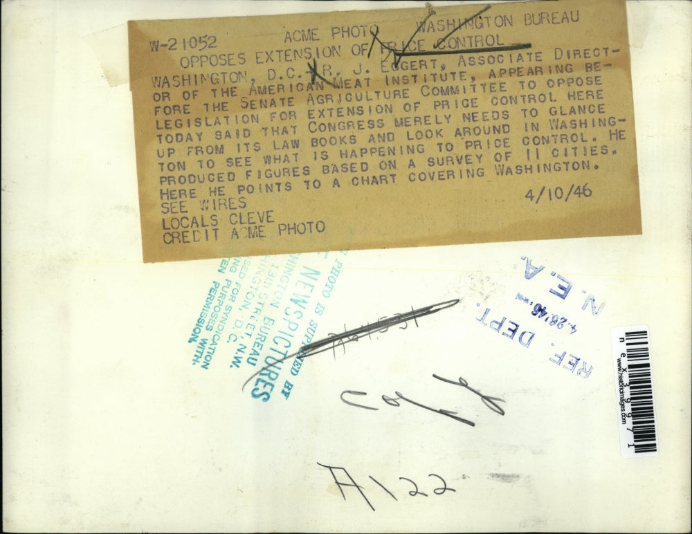 1946 Press Photo RJ Eggert, Associate Director of the American Meat Institute