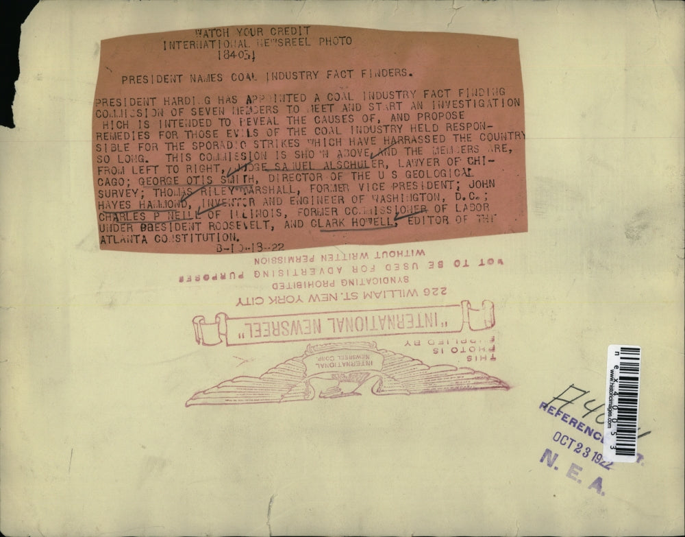 1922 Press Photo Coal commission Judge Aschuler, GO Smith, H Hammond