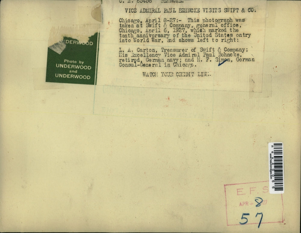 1927 Press Photo Chicago LA Carton Tres Swift & Co, Vice Adm P Bohnecke, MF Smon