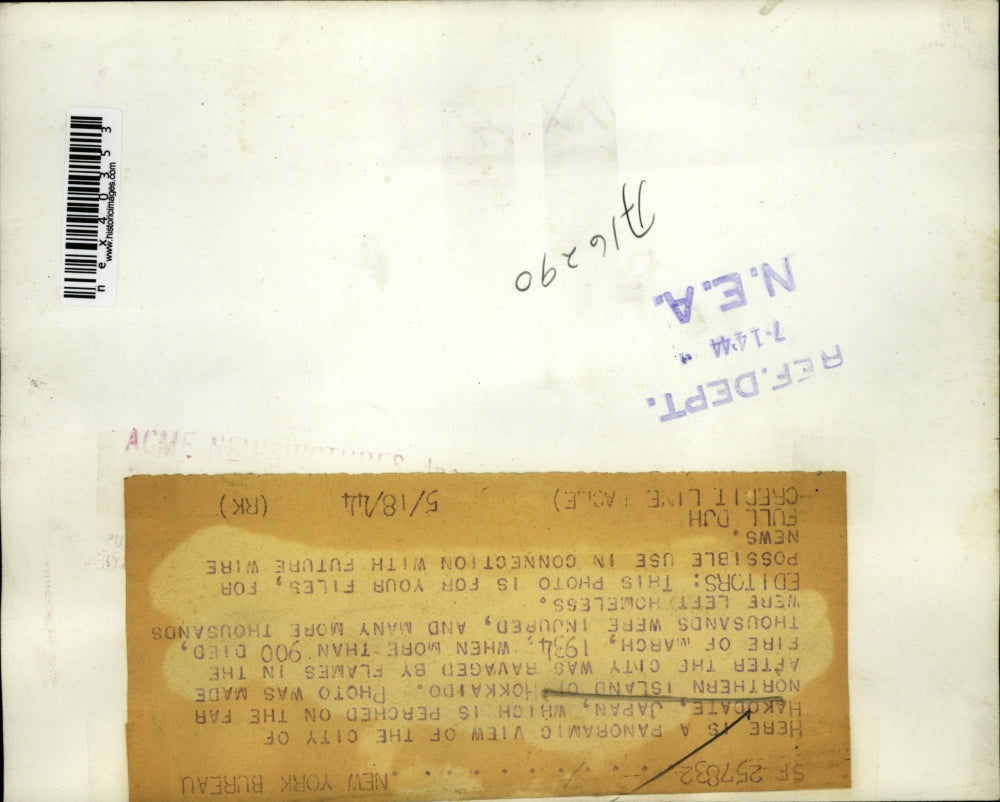 1944 Press Photo Panoramic view of Hakodate, Japan after the great fire