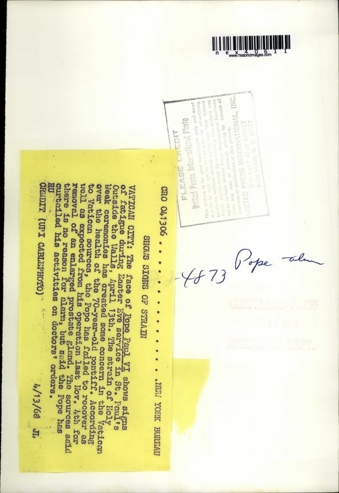 1968 Press Photo Vatican City Rome, Pope Paul VI Easter Eve Services, Catholic