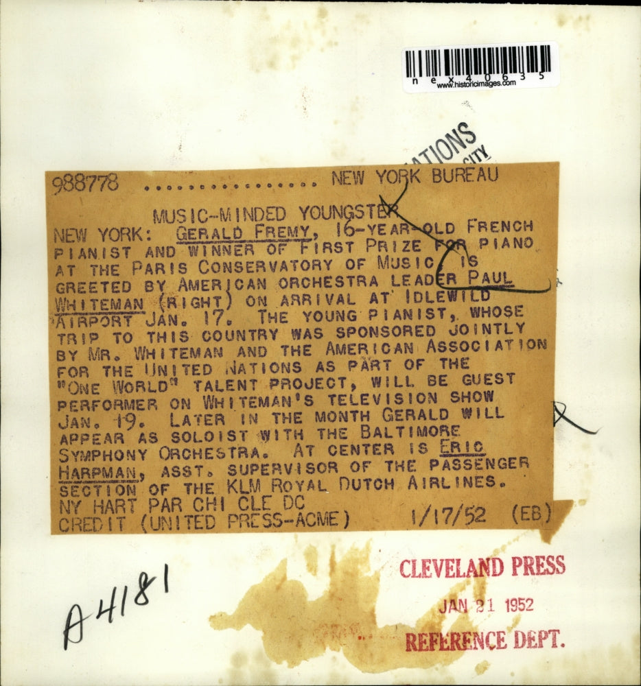 1952 Press Photo Gerald Fremy French Pianist and Winner at Paris Conservatory