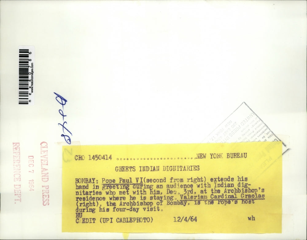 1964 Press Photo Pope Paul VI, Valerian Cardinal Gracias Greet Indian Royalty