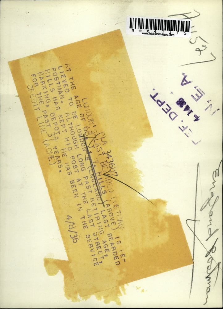 1936 Press Photo T.W. Hills, Last Bearded Postman, London, England