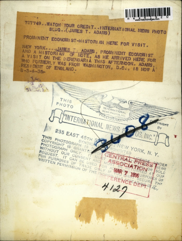 1935 Press Photo James T. Adams Prominent Economist Visits New York